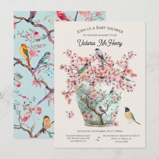 Chinoiserie Birds Cherry Blossoms Baby shower Vaas Kaart (Voorkant / Achterkant)