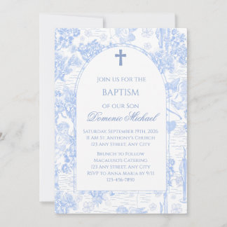 Chinoiserie blau doop uitnodiging met kruis