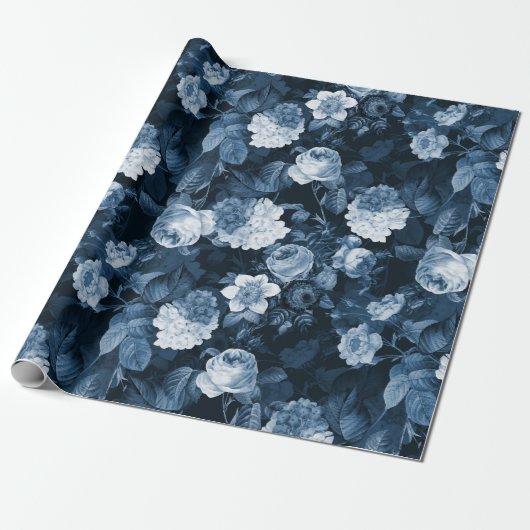 chinoiserie blauw antiek Redouté rozen patroon Cadeaupapier (Uitgerold)
