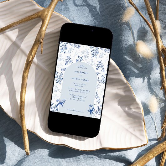 Chinoiserie Blauw Bloemen Details QR Code Bruiloft Kaart