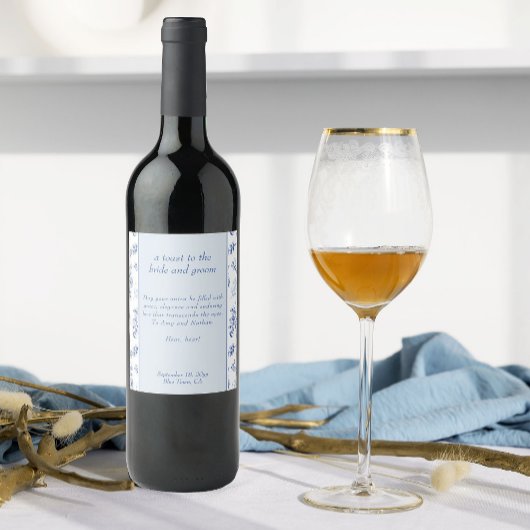 Chinoiserie Blauw Elegant Bloemen Bruiloft Toast Wijn Etiket