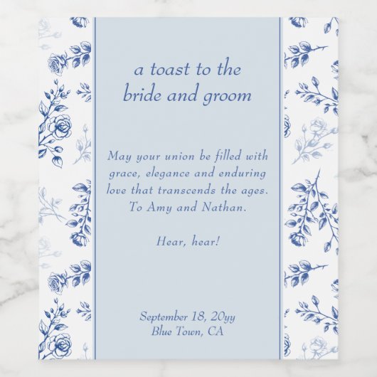 Chinoiserie Blauw Elegant Bloemen Bruiloft Toast Wijn Etiket (Enkel label)