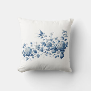 Chinoiserie Blauw en Wit Bloemen en Vogelprint Kussen