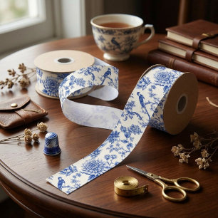 Chinoiserie Blauw en Wit Bloemmotief Vintage Pagod Satijnen Lint