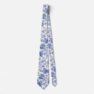 Chinoiserie Blauw en Wit Bloemmotief Vintage Pagod Stropdas