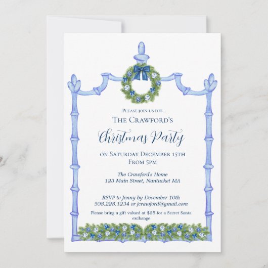 Chinoiserie Blauw en Wit Kerstmis Kaart (Voorkant)