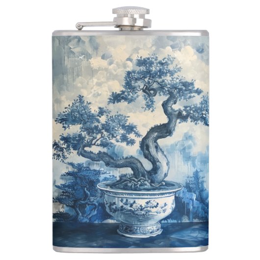 Chinoiserie Blauw en Wit Porselein Design Heupfles (Voorkant)