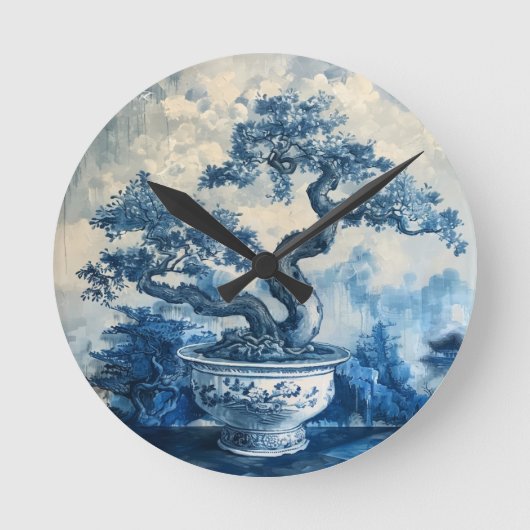 Chinoiserie Blauw en Wit Porselein Design Ronde Klok (Voorkant)