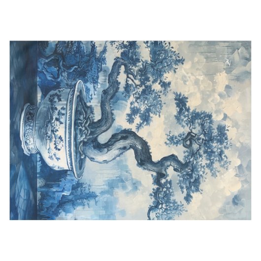 Chinoiserie Blauw en Wit Porselein Design Tafelkleed (Voorkant (Horizontaal))