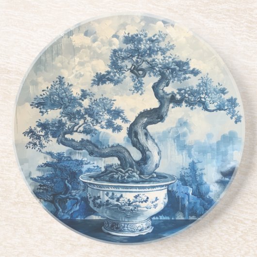 Chinoiserie Blauw en Wit Porselein Design Zandsteen Onderzetter (Voorkant)