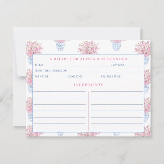 Chinoiserie Blauw & Roze Vrijgezellenfeest Recept  Kaart (Voorkant)