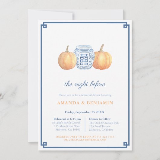 Chinoiserie Blauw & Sinaasappel Pompoen Repetitie  Kaart (Voorkant)