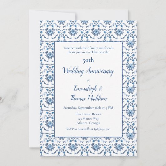 Chinoiserie Blauw Wit 50ste bruiloft Jubileum Kaart (Voorkant)