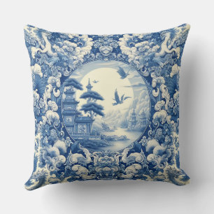 Chinoiserie Blauw Wit Aziatisch Pagode Lake Cranes Kussen