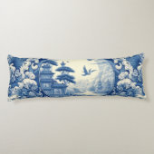 Chinoiserie Blauw Wit Aziatisch Pagode Lake Cranes Lichaamskussen (Achterkant)