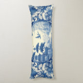 Chinoiserie Blauw Wit Aziatisch Pagode Lake Cranes Lichaamskussen (Achterkant (Verticaal))