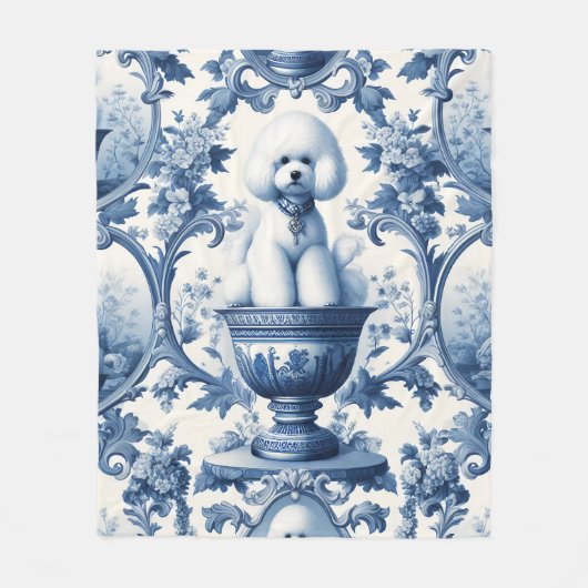 Chinoiserie Blauw Wit Bichon Frise Fleece Deken (Voorkant)