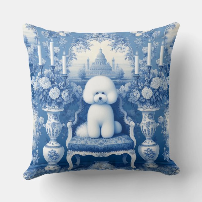 Chinoiserie Blauw Wit Bichon Frise Sierkussen (Achterkant)