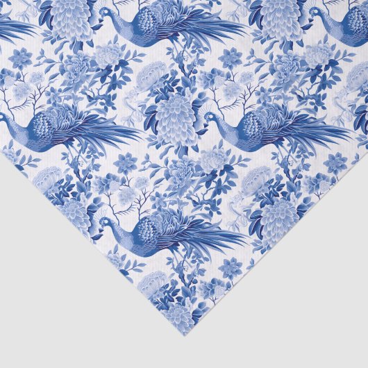 Chinoiserie Blauw & Wit Bloemen Aziatische Vogels Tissuepapier (Detail)