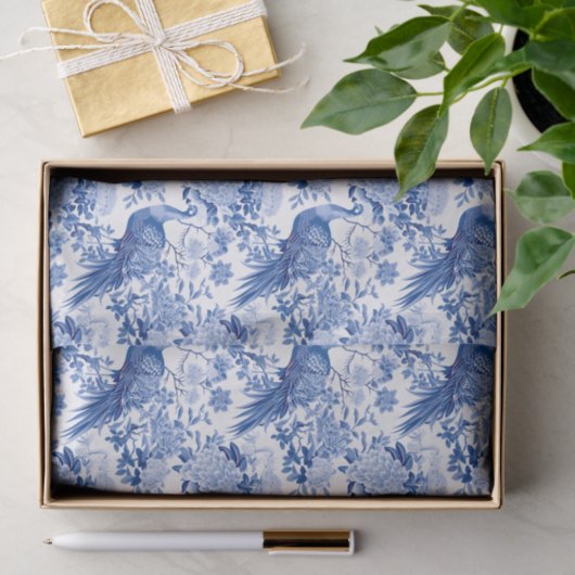 Chinoiserie Blauw & Wit Bloemen Aziatische Vogels Tissuepapier (Geschenk)