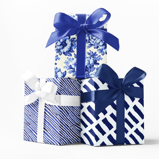 Chinoiserie Blauw Wit Bloemen en Strepen Inpakpapier Vel