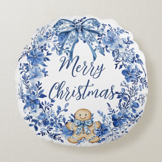 Chinoiserie Blauw Wit Bloemen Gingerbread Man Rond Kussen (Voorkant)