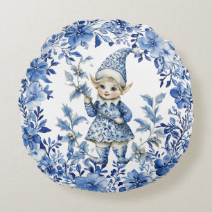 Chinoiserie Blauw Wit Bloemen Kerst Elf Rond Kussen