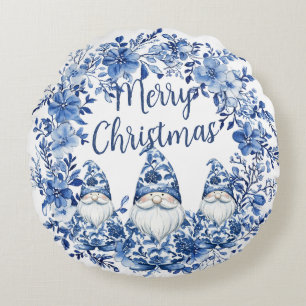 Chinoiserie Blauw Wit Bloemen Kerst Gnomes Rond Kussen