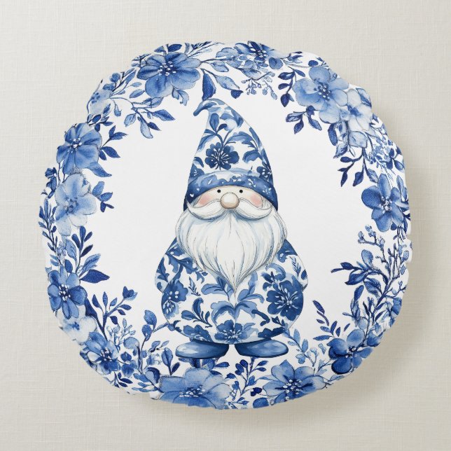 Chinoiserie Blauw Wit Bloemen Kerst Gnoom Rond Kussen (Voorkant)