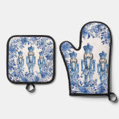 Chinoiserie Blauw Wit Bloemen Kerst Notenkraker Ovenwant & Pannenlap Set (Voorkant)