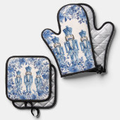 Chinoiserie Blauw Wit Bloemen Kerst Notenkraker Ovenwant & Pannenlap Set (Voorkant / Achterkant)