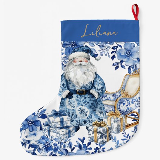 Chinoiserie Blauw Wit Bloemen Kerstman Grote Kerstsok (Achterkant)