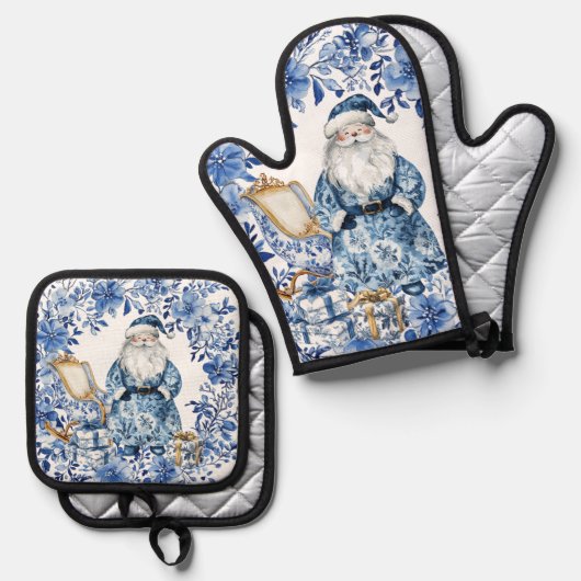 Chinoiserie Blauw Wit Bloemen Kerstman Ovenwant & Pannenlap Set (Voorkant / Achterkant)
