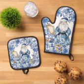 Chinoiserie Blauw Wit Bloemen Kerstman Ovenwant & Pannenlap Set (Top down)