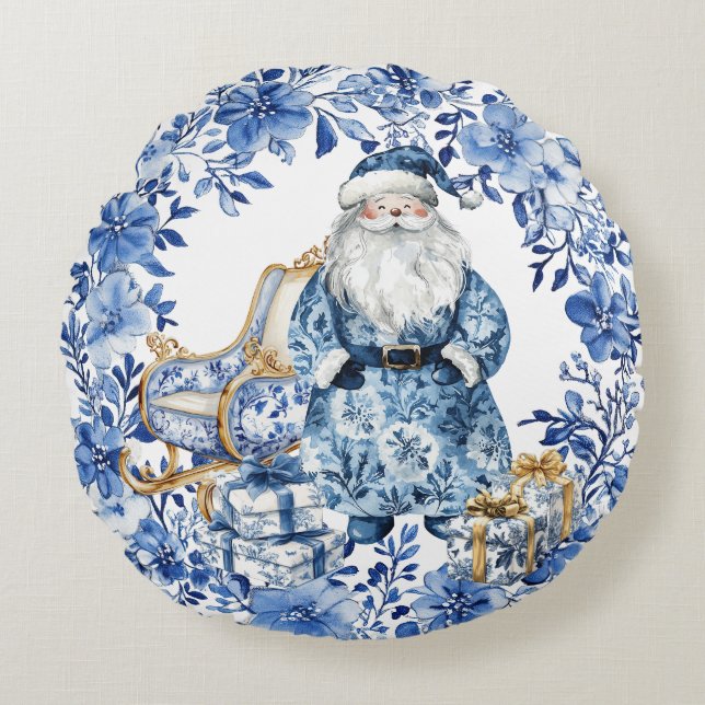 Chinoiserie Blauw Wit Bloemen Kerstman Rond Kussen (Voorkant)