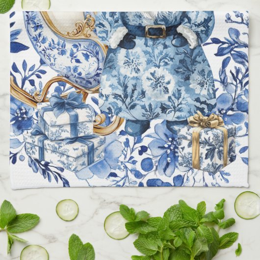 Chinoiserie Blauw Wit Bloemen Kerstman Theedoek (Gevouwen)