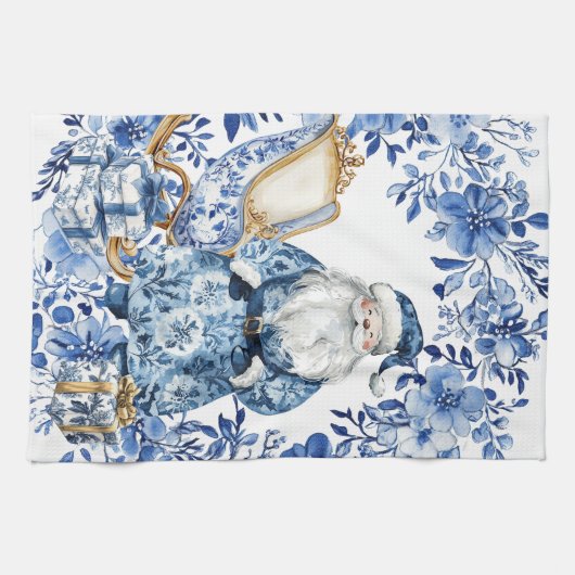 Chinoiserie Blauw Wit Bloemen Kerstman Theedoek (Horizontaal)