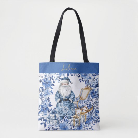 Chinoiserie Blauw Wit Bloemen Kerstman Tote Bag (Voorkant)