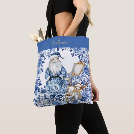 Chinoiserie Blauw Wit Bloemen Kerstman Tote Bag (Dichtbij)