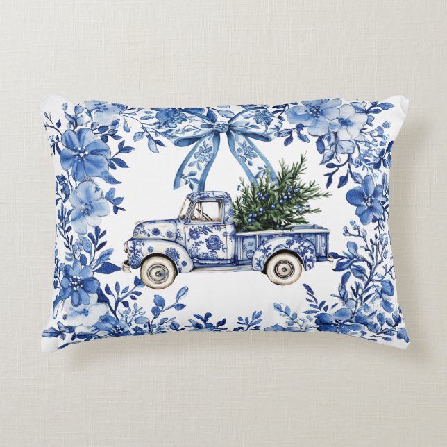 Chinoiserie Blauw Wit Bloemen Kersttruck Accent Kussen (Voorkant)