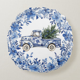 Chinoiserie Blauw Wit Bloemen Kersttruck Rond Kussen