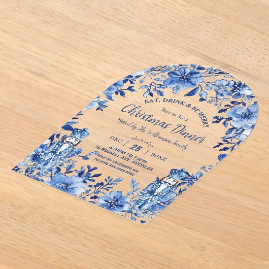 Chinoiserie Blauw Wit Bloemen Notenkraker Kerstmis Acryl Uitnodigingen (Laagn)