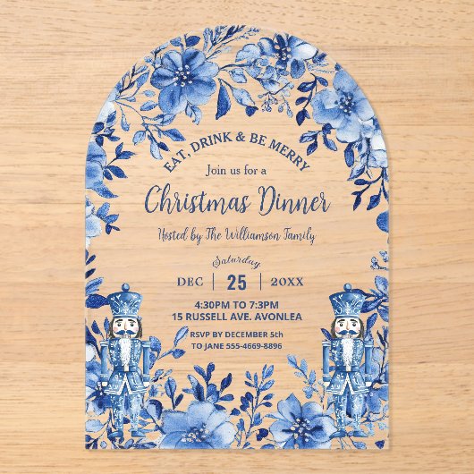 Chinoiserie Blauw Wit Bloemen Notenkraker Kerstmis Acryl Uitnodigingen (Voorkant)