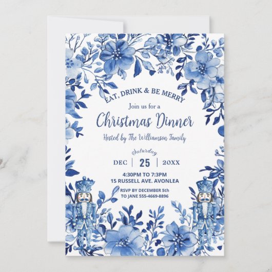 Chinoiserie Blauw Wit Bloemen Notenkraker Kerstmis Kaart (Voorkant)