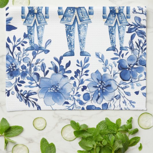 Chinoiserie Blauw Wit Bloemen Notenkraker Kerstmis Theedoek (Gevouwen)