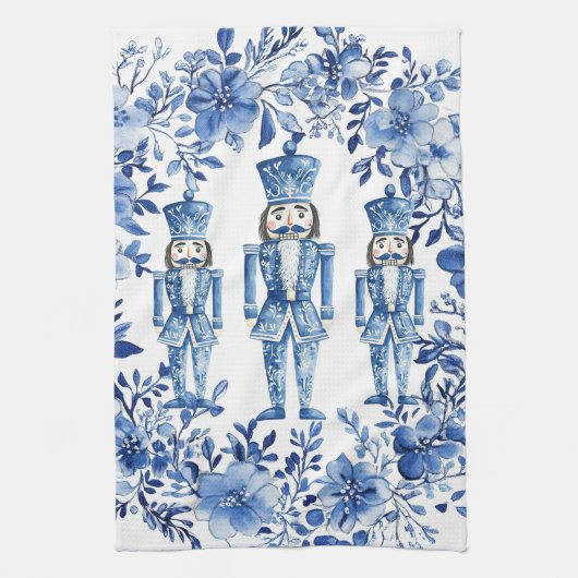 Chinoiserie Blauw Wit Bloemen Notenkraker Kerstmis Theedoek (Verticaal)