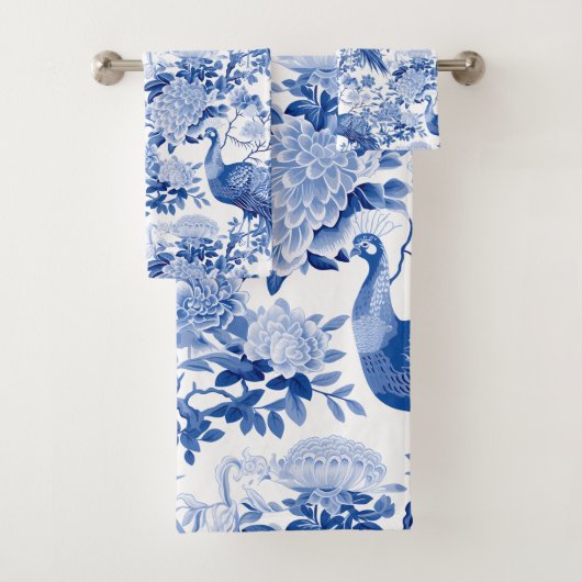  Chinoiserie Blauw Wit Bloemen Peacocks Bad Handdoek (Insitu)