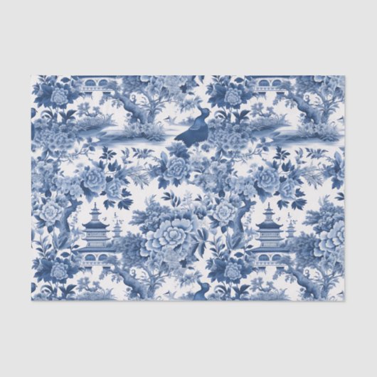 Chinoiserie Blauw Wit Bloemen Schilderen Decoupage Tissuepapier (Voorkant)