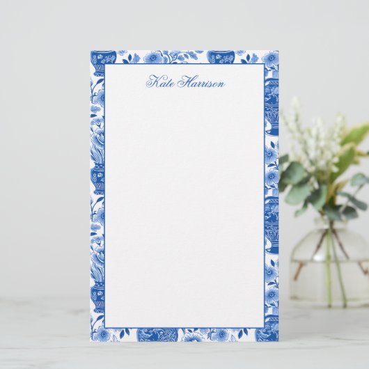 Chinoiserie Blauw & Wit Ginger Jar Bloemen Vazen Briefpapier (Staand voorkant)