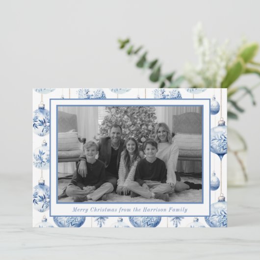 Chinoiserie Blauw & Wit Kerst Ornamenten Foto Feestdagenkaart (Staand voorkant)